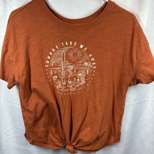 Shyanne Rust Orange Cowboy Graphic Knot-Front Tee